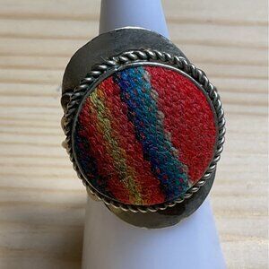 Vintage Adjustable Silver Woven Textile Ring Multicolor Boho Style Handmade